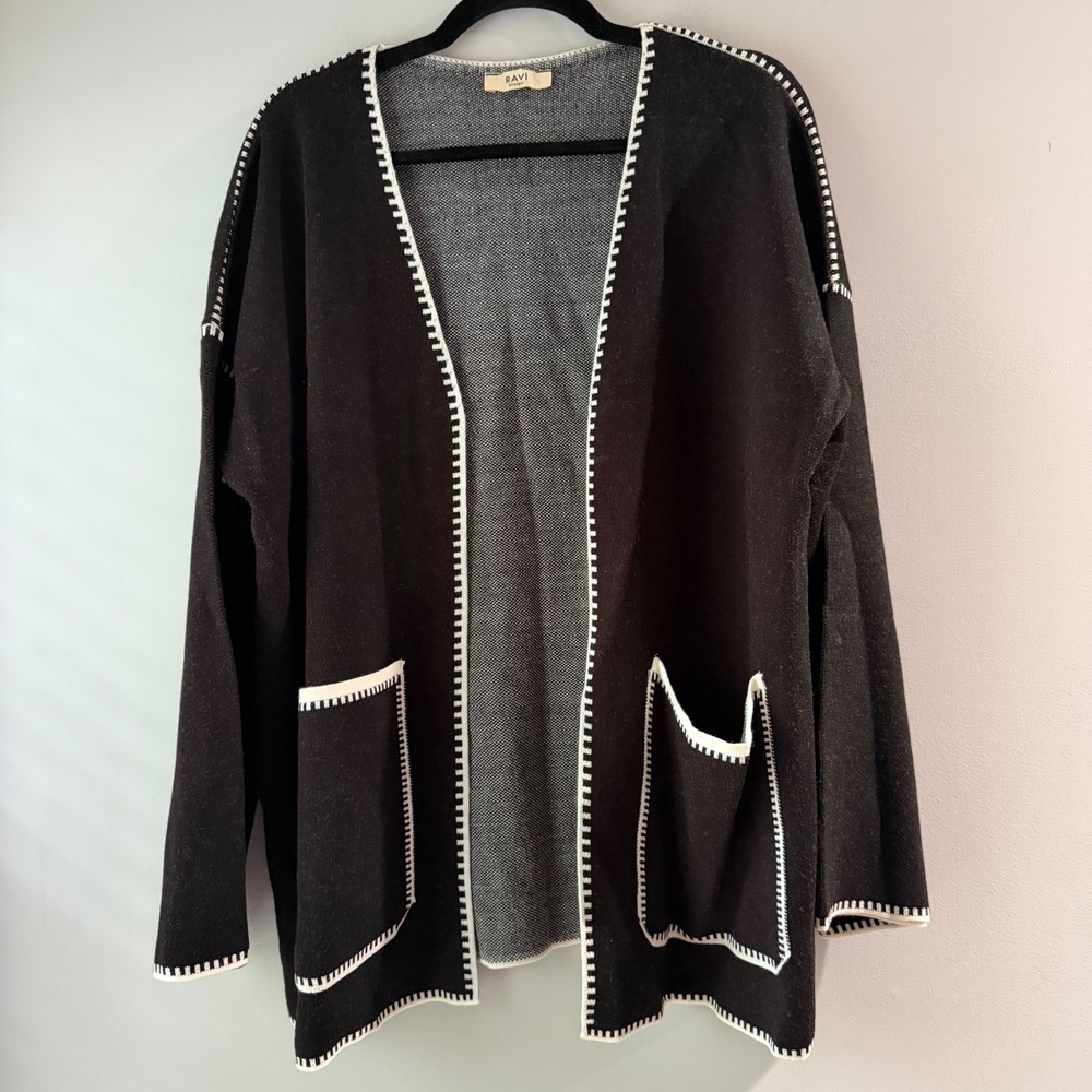 Ravi Istanbul Cardigan Womens OS Black White Cotton Open Front Blanket Stitch